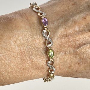 Gemstone Multi Color Purple Green Sterling 925 Silver Gold Tone Bracelet 7.5in